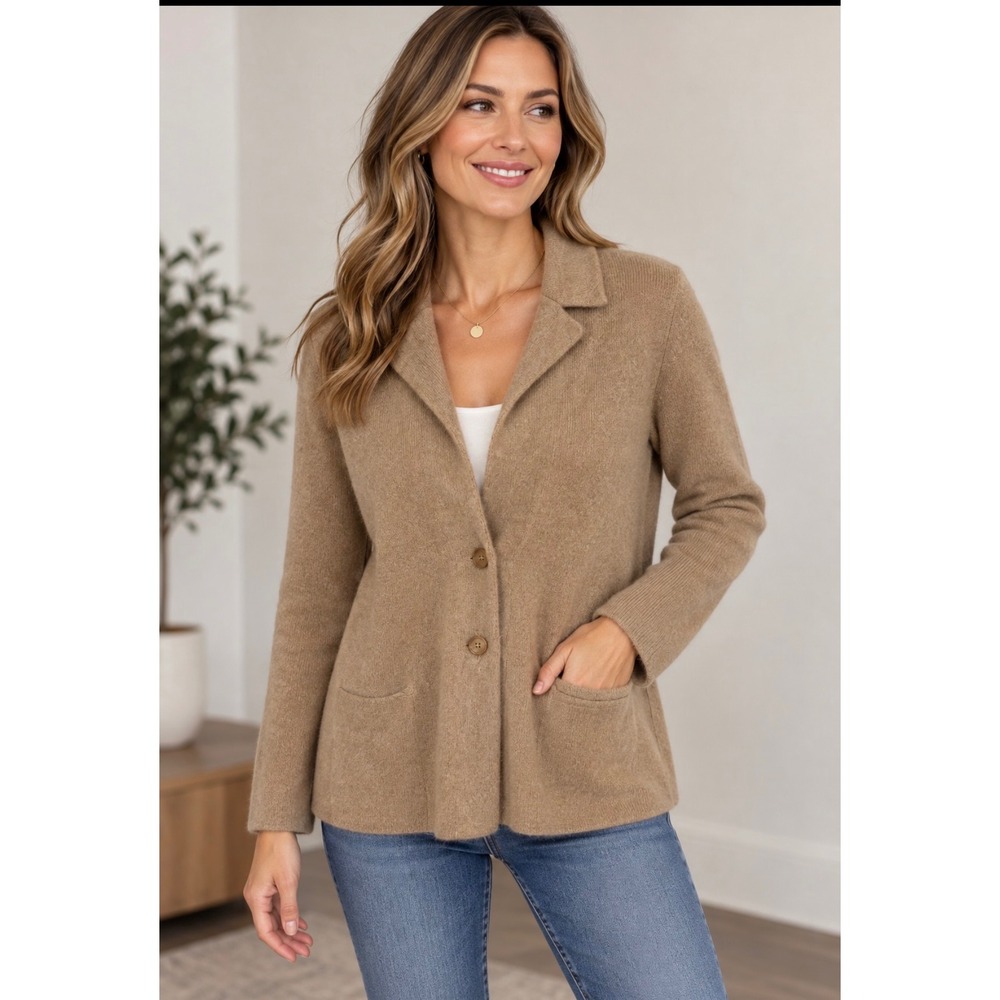 Charter Club Luxury 100% Cashmere Cardigan Sweater Blazer Camel Brown XL